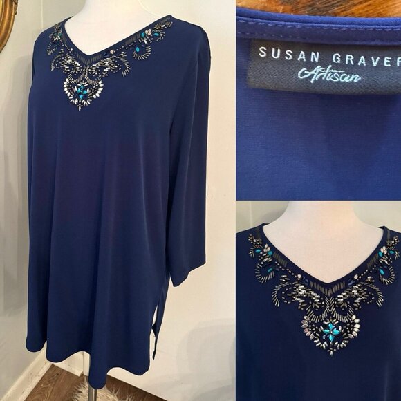 Susan Graver Tops - Susan Graver Artisan Top Size XL  Blue Beaded V Neck 3/4 Sleeve Tunic Blouse